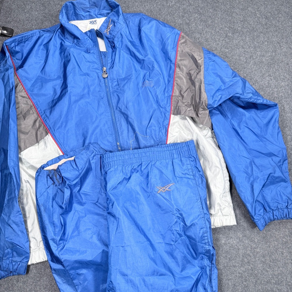 Vintage Asics Windbreaker Tracksuit Set Blue Grey White Colorblock Mens Large
